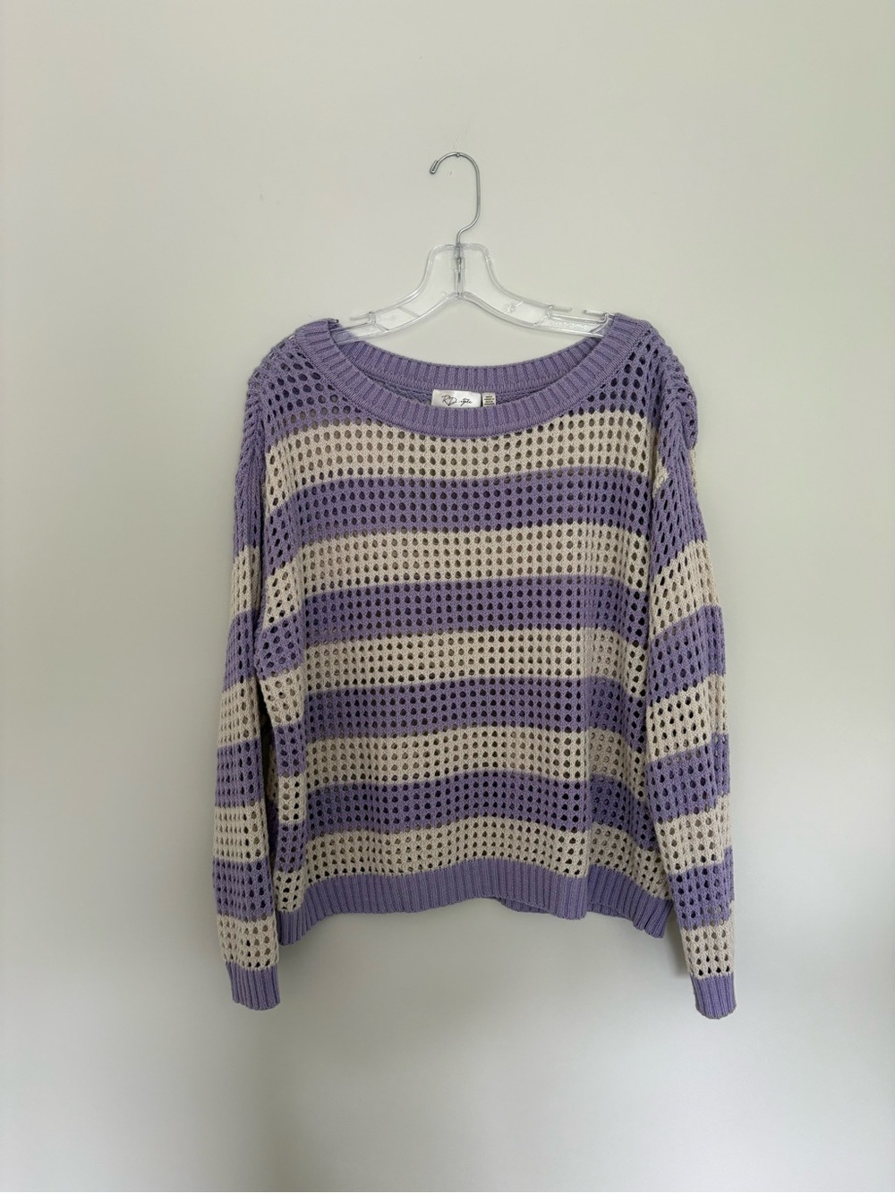 RD Style Stripes Open-Knit Sweater in Lavender and Cream
